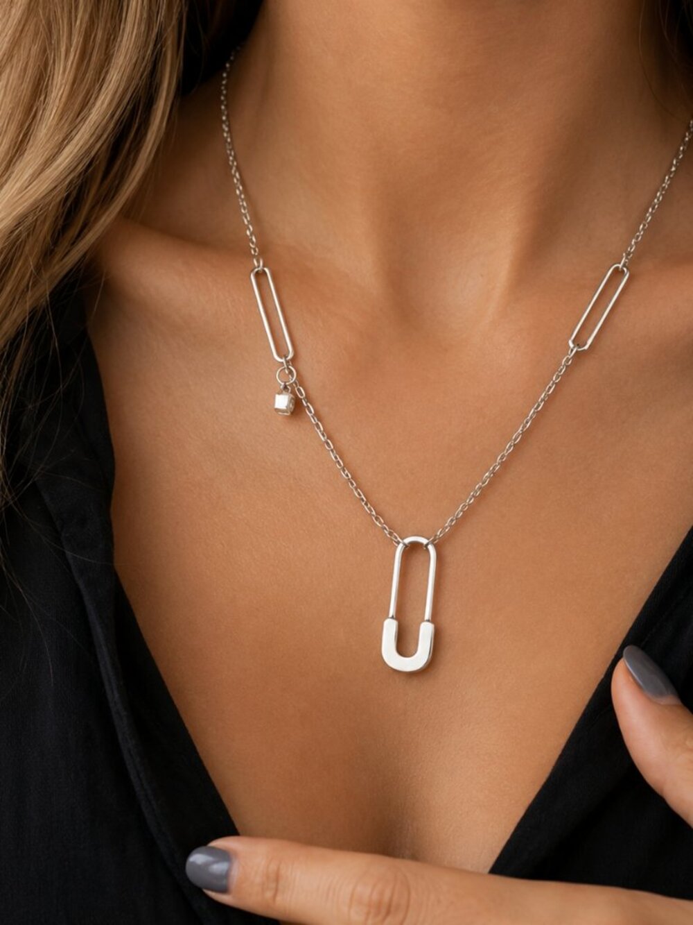925 Sterling Silver Paperclip Necklace Safety Pin Necklace Modern Necklace